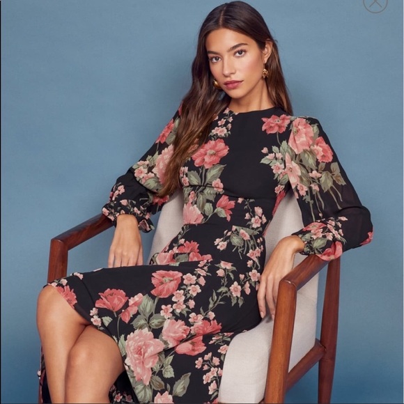 Reformation Dresses & Skirts - Reformation Black Floral Midi Dress with Pink & Green Blooms